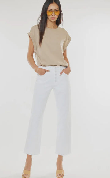 High rise button fly white jeans