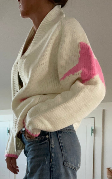 Cowboy Varsity Cardigan in White/Pink