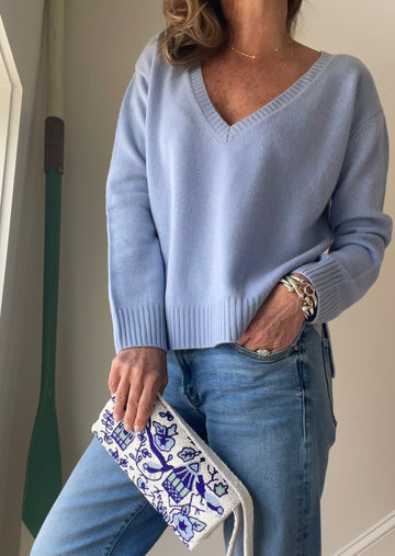 Flynn Cashmere V-Neck Sweater Santorini Blue