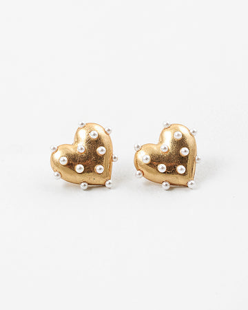 Puff heart stud earrings with pearls