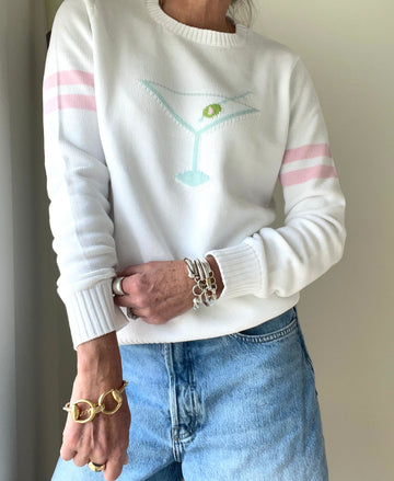 Martini Time Sweater - Aqua/Pink Stripes on Sleeves