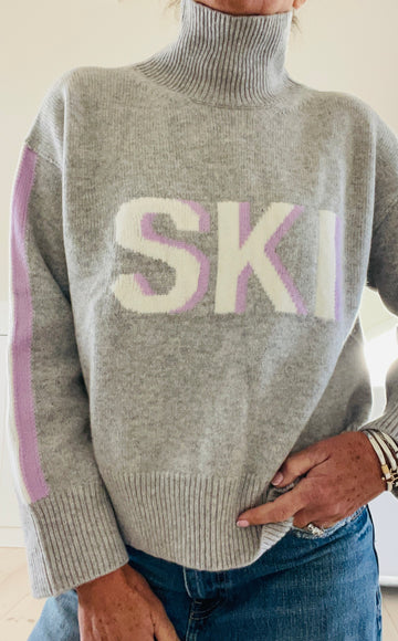 Women’s Retro 100%  Cashmere  Turtleneck Ski Sweater Gray/Lavendar