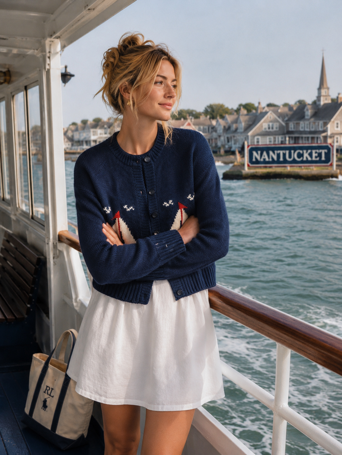 Sailboat Crop Varsity Cardigan in Navy