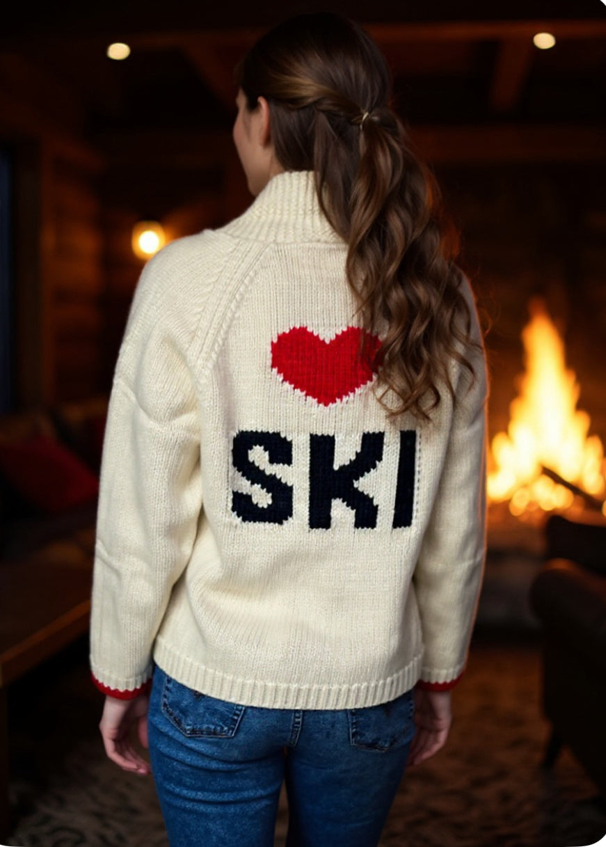 Shop Chunky Heart SKI Varsity Sweater Ivory Red Trim