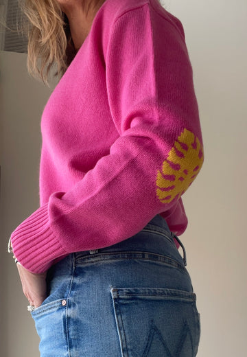 Flynn Cashmere V-Neck Sweater Honeysuckle Pink (Leaf Elbow)