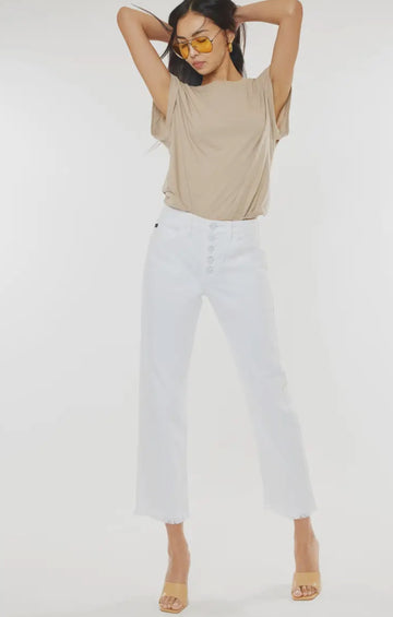 High rise button fly white jeans