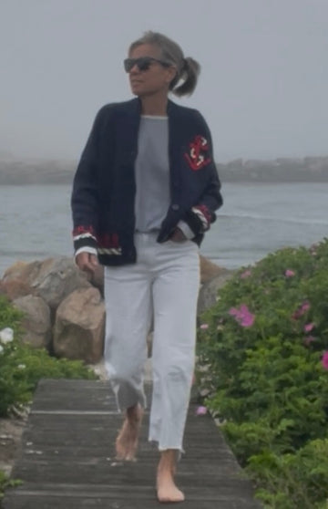 Lobster Varsity Cardigan with Vintage Trim in Navy/Red