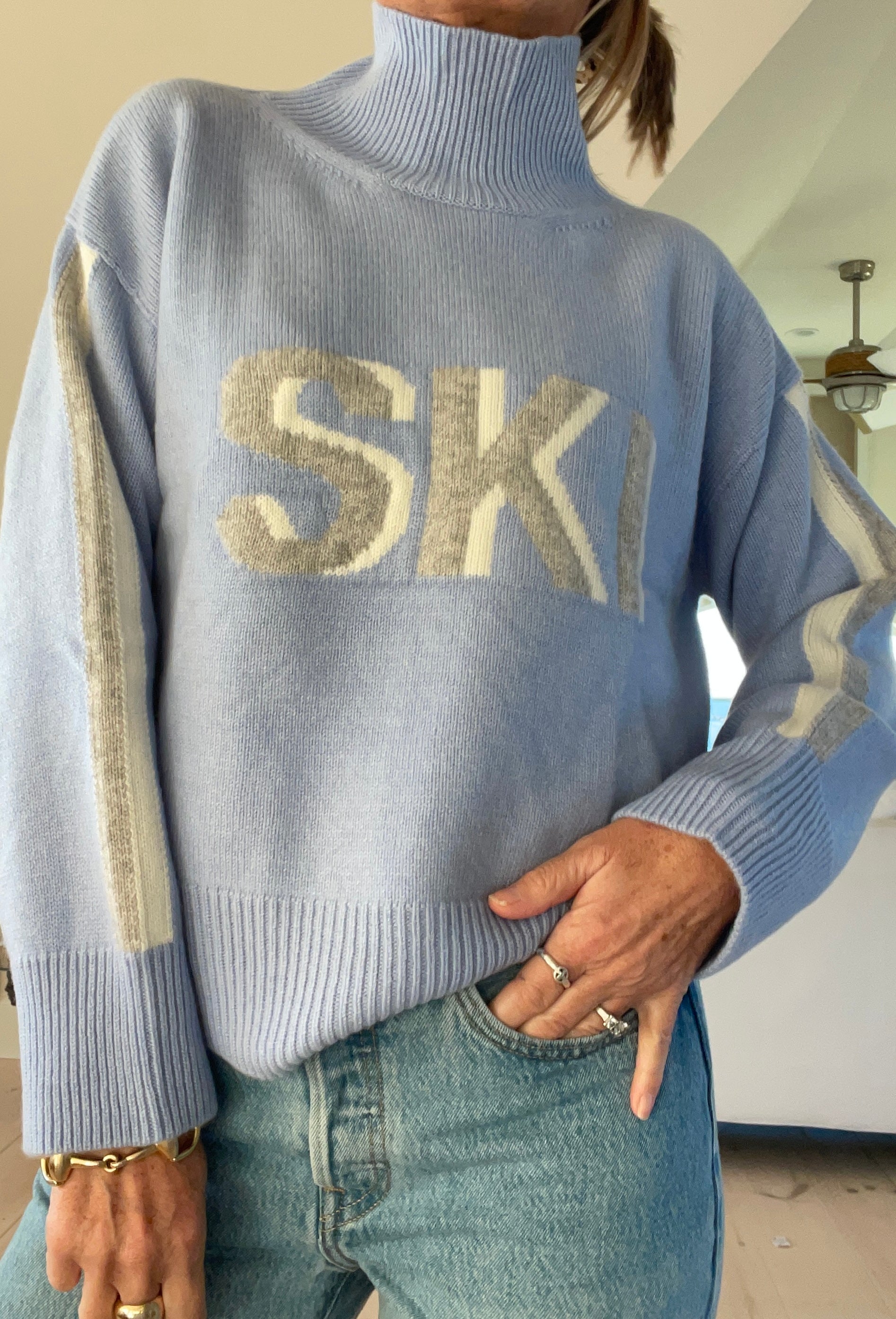 Women's Retro 100% Cashmere Turtleneck Ski Sweater BLUE