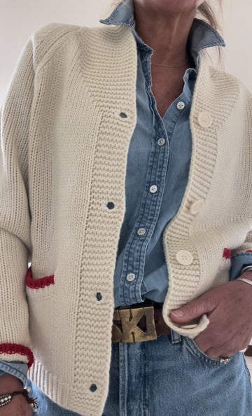 Heart Ski Varsity Cardigan in Ivory