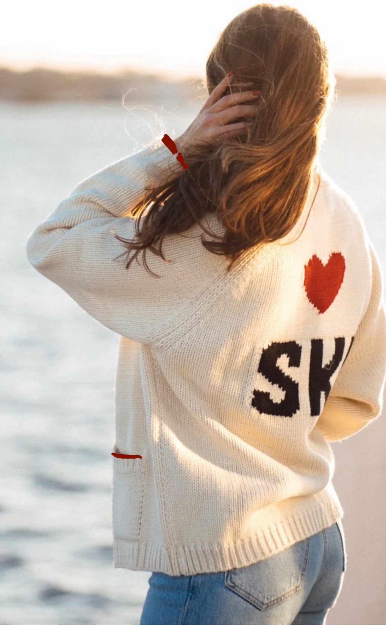 Shop Chunky Heart SKI Varsity Sweater Ivory Red Trim