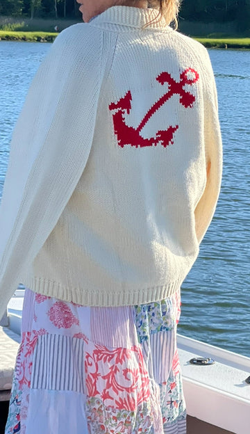 Anchor Varsity Cardigan in Ivory/Red