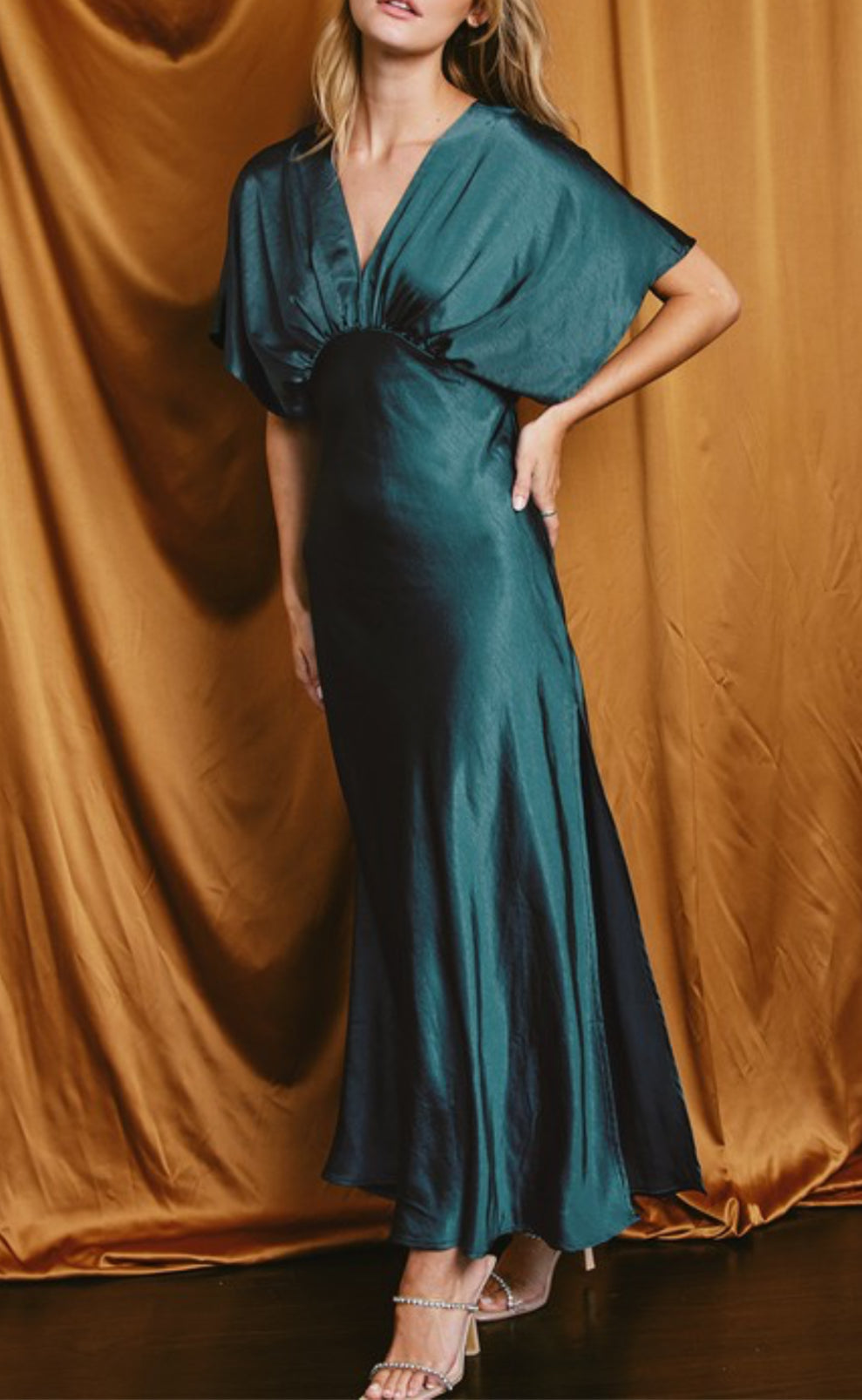 Beatrice Bat Wing Sleeve Satin Dress in Deep Jasper Beatrice Bat Wing Sleeve Satin Dress in Deep Jasper