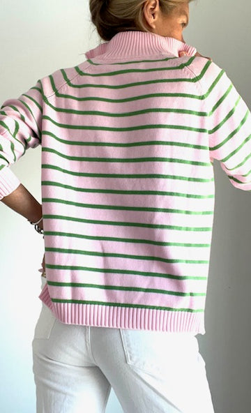 1/2 Zip Cotton Sweater Stripe-Pink/Green