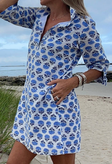 Sconset Block Print 3/4 Sleeve Dress (Blue)