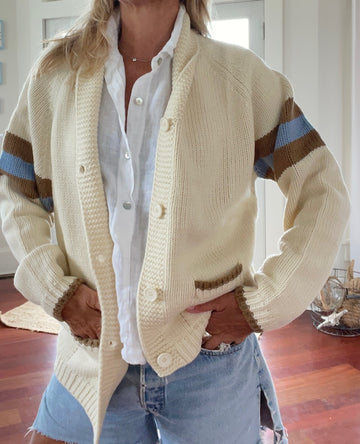 Football Varsity Cardigan In Ivory with Tan/Blue Stripe