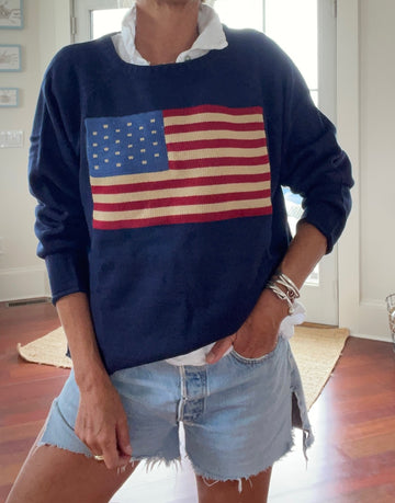 Cozy Flag Acrylic Boxy Sweater in Navy