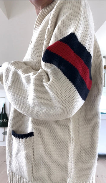 Football Varsity Cardigan in Ivory with Navy/Red Stripe