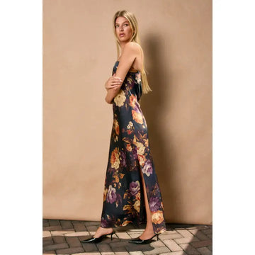 Zendaya Satin Maxi Dress in Black/Floral
