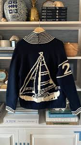 Sketchbook Sailboat Varsity Cardigan in Navy ships June 20