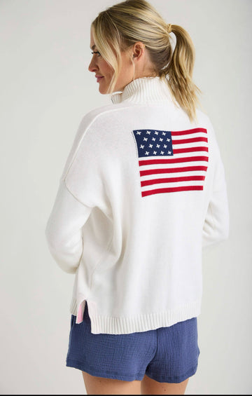 1/2 Zip Cotton Flag Sweater -white
