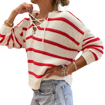 Red Sailor Tie Front Sea Stripe Cotton Sweater