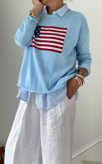 Prebook Light Blue American Flag Cotton Sweater