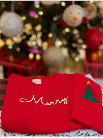 Classic Embroidered Merry Cotton Sweater with Tree Elbow Patches