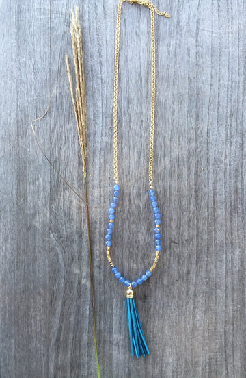 Stone and leather Tassel Necklace in Caspian - Pink Pineapple Shop