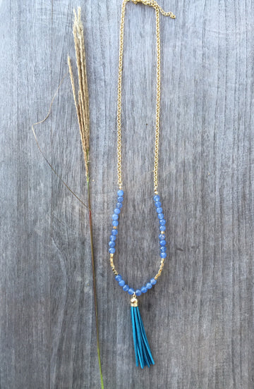 Stone and leather Tassel Necklace in Caspian-FINAL SALE