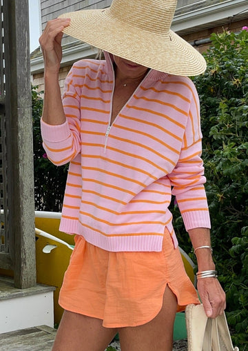 1/2 Zip Cotton Sweater Stripe-Orange/Pink