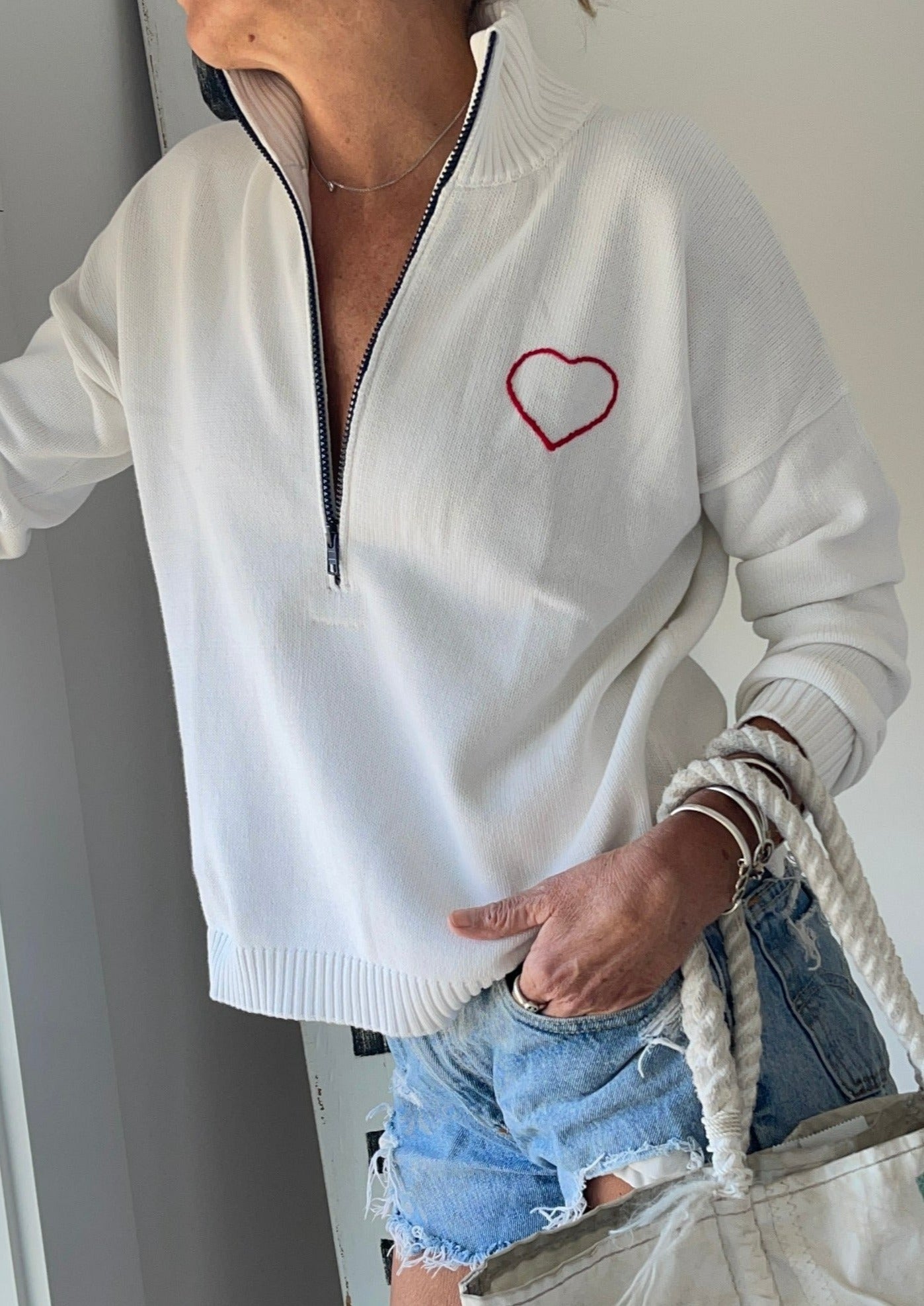 Buy Online Women's Half Zip White Sweater | Pink Pineapple