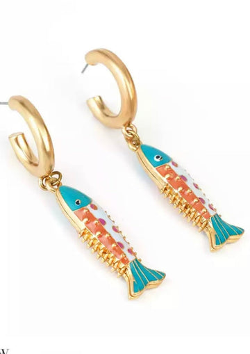 Ibiza enamel fish earrings in Turq/Coral