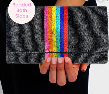 Black 🌈 Rainbow Stripe Beaded Fold Over Clutch