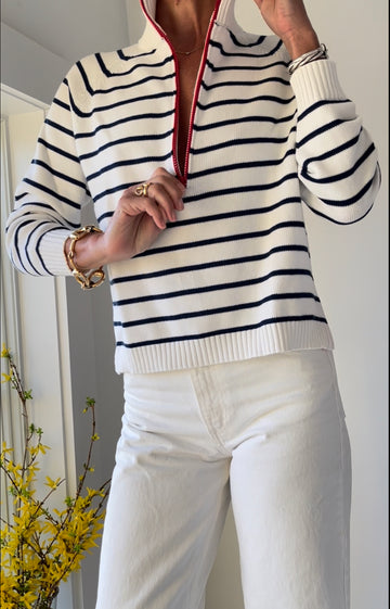 1/2 Zip Striped Cotton Sweater In White/Navy