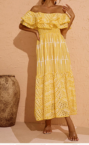 Tulum off shoulder yellow eyelet dress