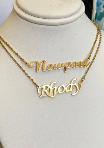 Newport gold script necklace