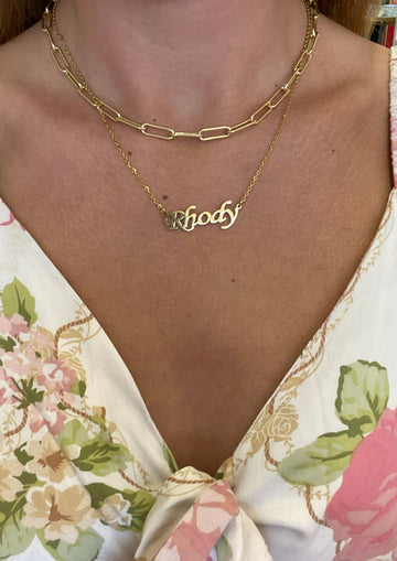 RHODY gold script necklace