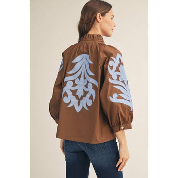 Baroque Bloom Applique Detail Top in Brown