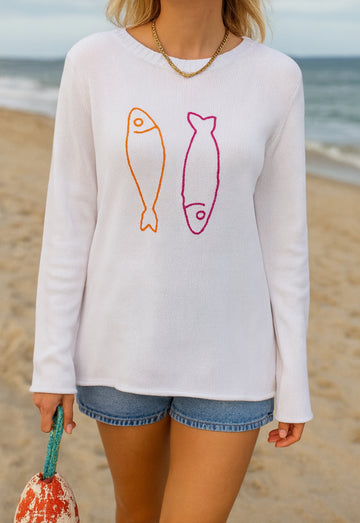 Twin Embroidered Sardines on Boxy Cotton Sweater White