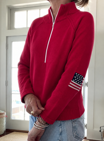 1/4 Zip USA red Flag on Back and Elbow sweater ships June 28th