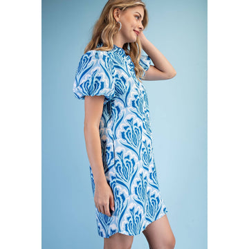 Tulip Trellis Print Ruffle V-Neck Dress