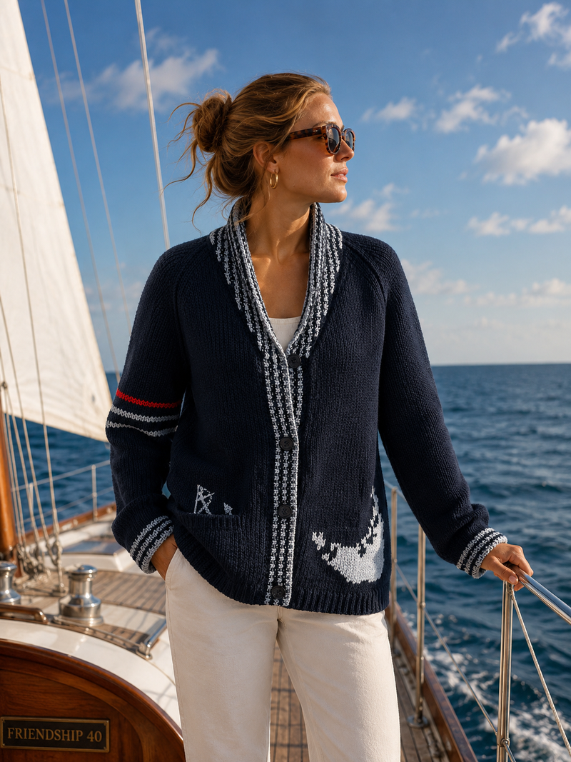 【bibiy】B. BOAT CLUE CARDIGAN ネイビー Navy Red Lobster Varsity Cardigan with Trim – Stylish Coastal Knitwear