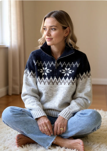 1/4 Zip Traditional Norwegian Sweater In Gray/Navy
