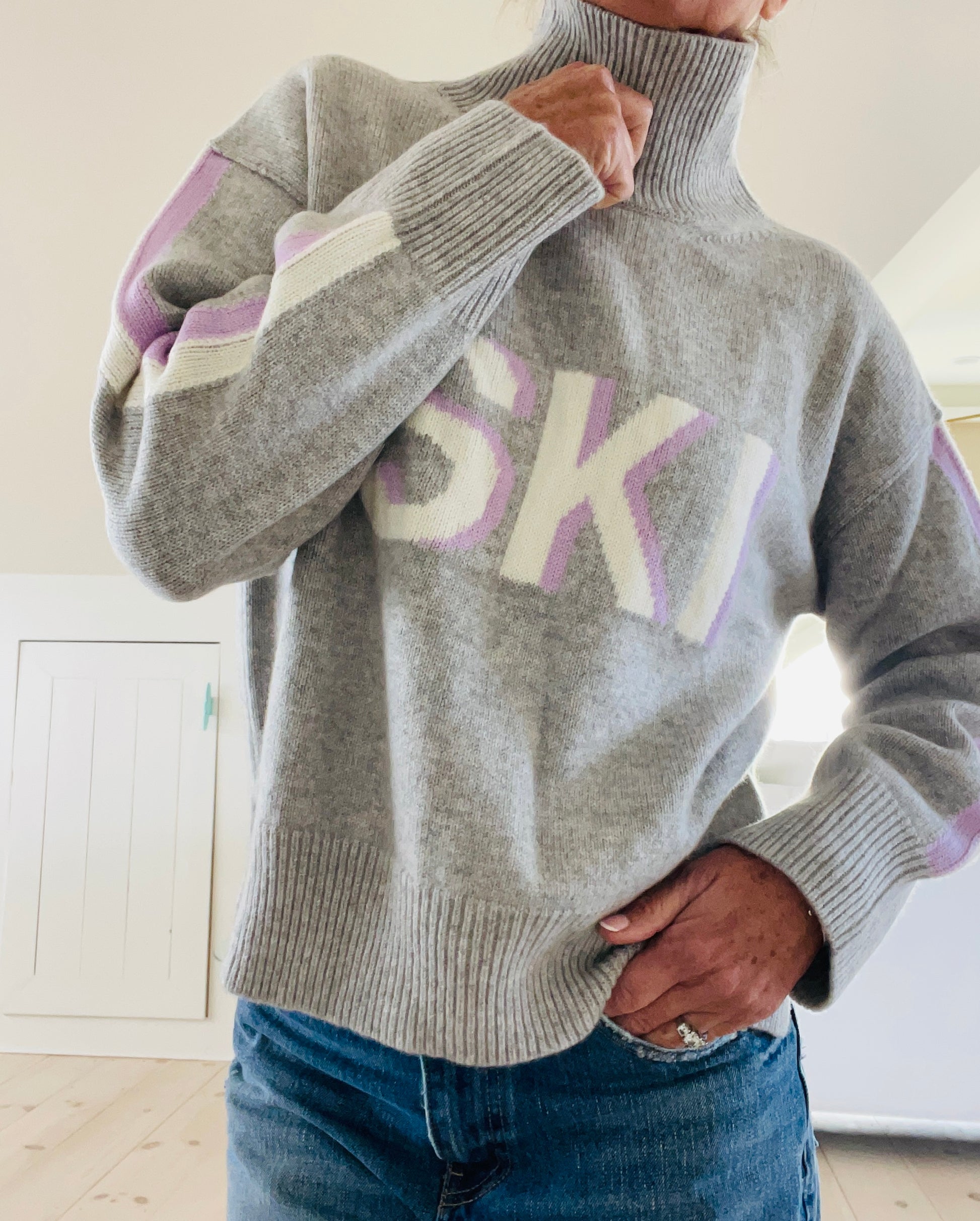 Women's Retro 100% Cashmere Turtleneck Ski Sweater Gray