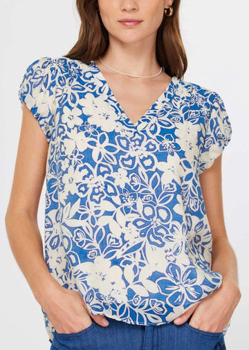 V-neck blue floral cap sleeve top