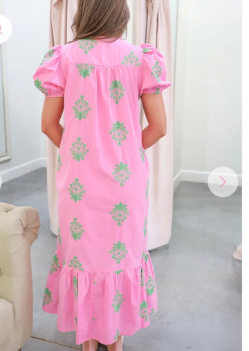 Pink Botanical embroidered dress