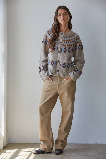 Fair Isle Button Down Cardigan In Mocha/Blue