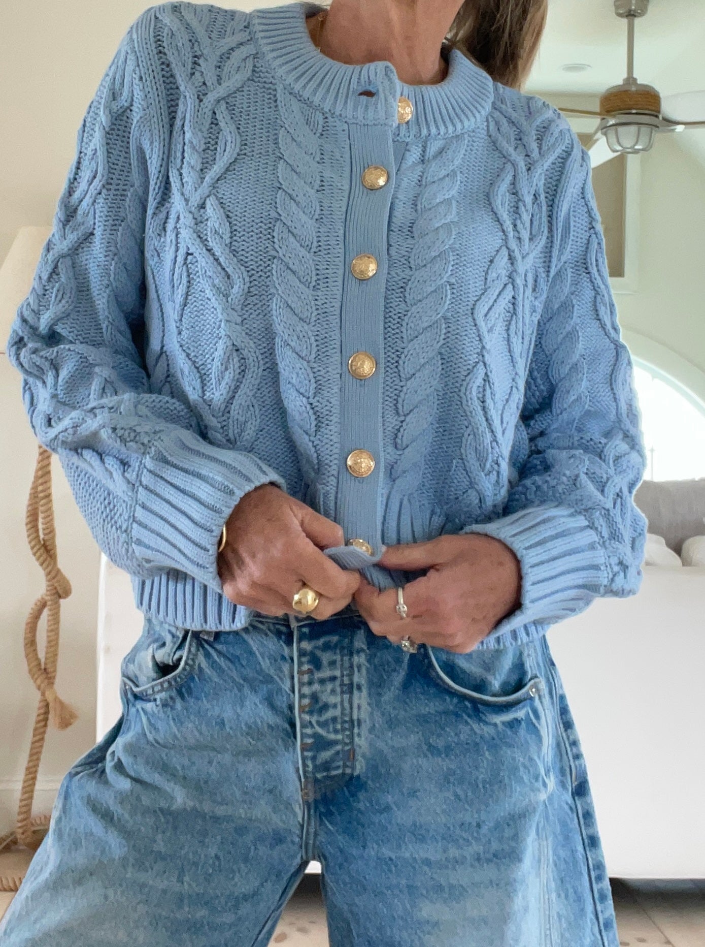 The Celine Crop Cable Cardigan Santorini Blue – Bright & Stylish