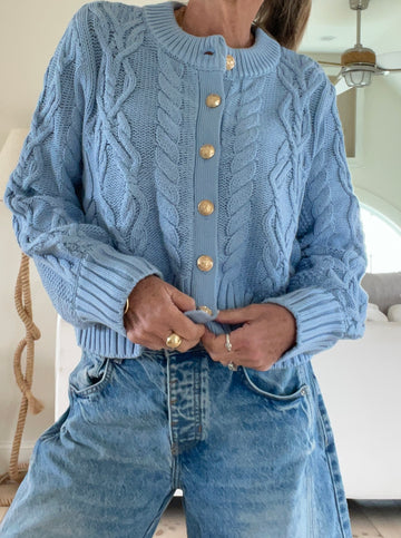 The Celine Crop Cable Cardigan Santorini Blue