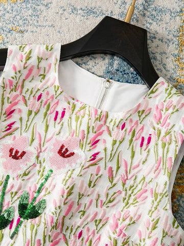 Handcrafted Sequin Floral Jacquard Sleeveless Dress